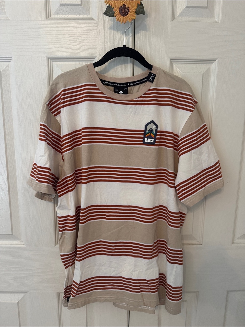 LRG Men's Beige, White & Rust Striped Crewneck Tee